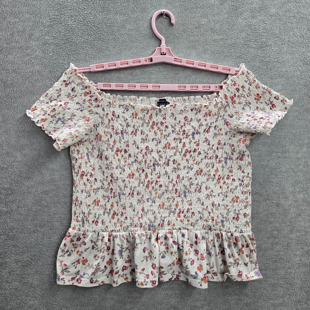 American Eagle‎ Women Blouse XL White Floral Ruffle Off The Shoulder Pullover
